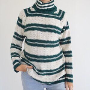 Vintage Daddy's Money Green Ivory Stripe Ribbed Knit Cotton Collegiate Sweater L